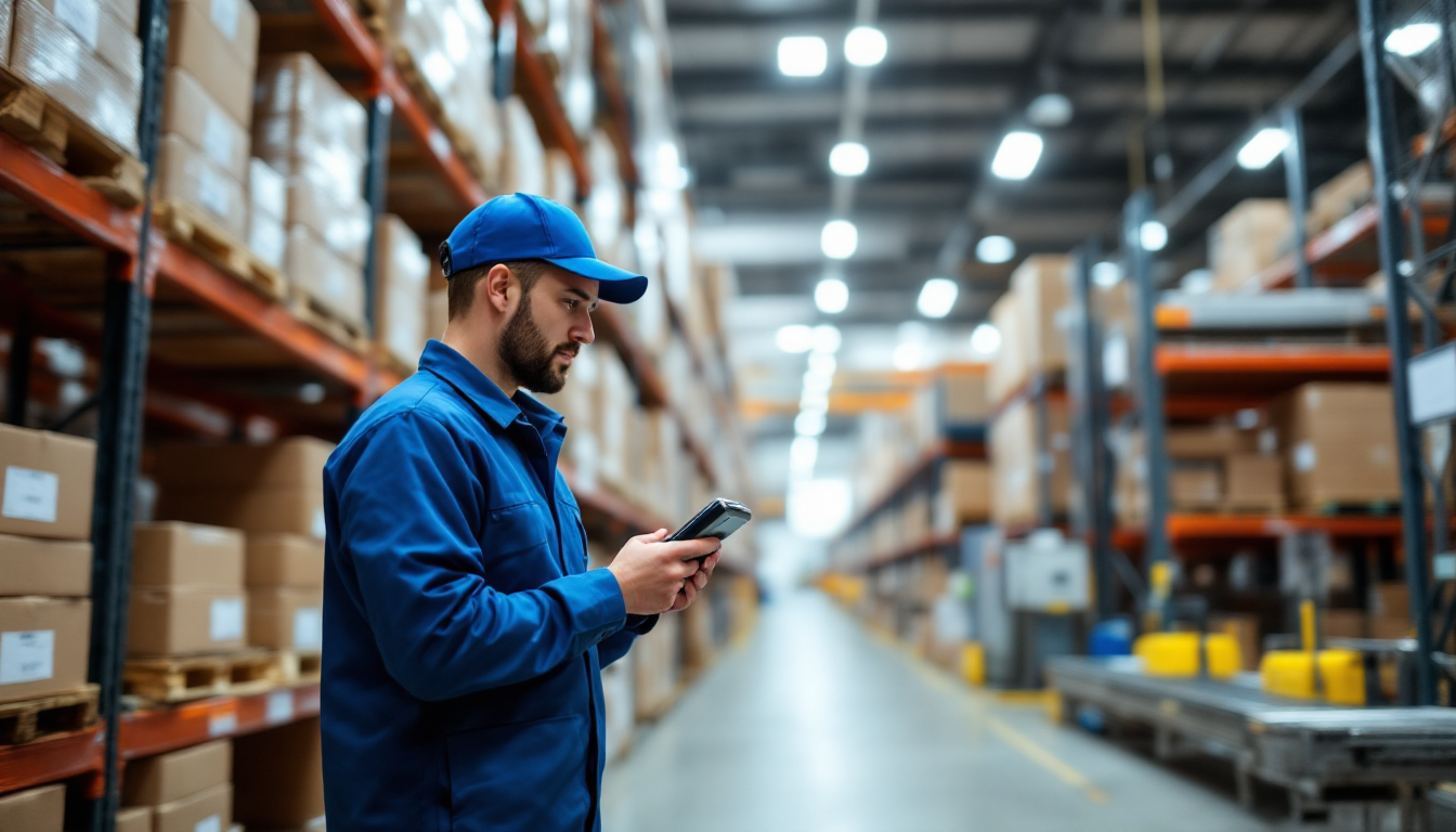 Operador de armazém realizando picking com coletor RF em estante de produtos no TOTVS Protheus