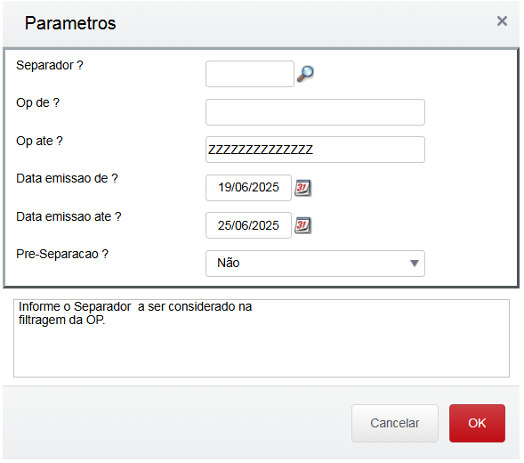 Parâmetro de Ordem de separação por Ordem de Produção